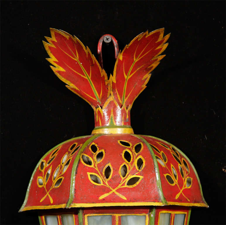 Italian Polychromed tole wall lanterns with slag glass panels For Sale